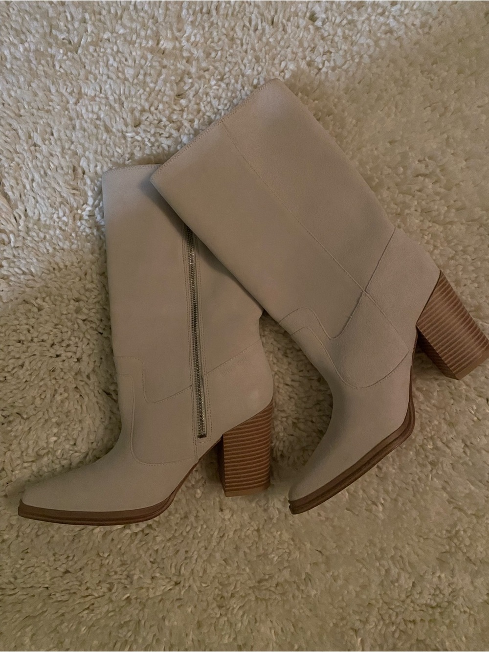 Franco Sarto Light Beige Suede Mid-Calf Block Heel Boots - Picture 3 of 8